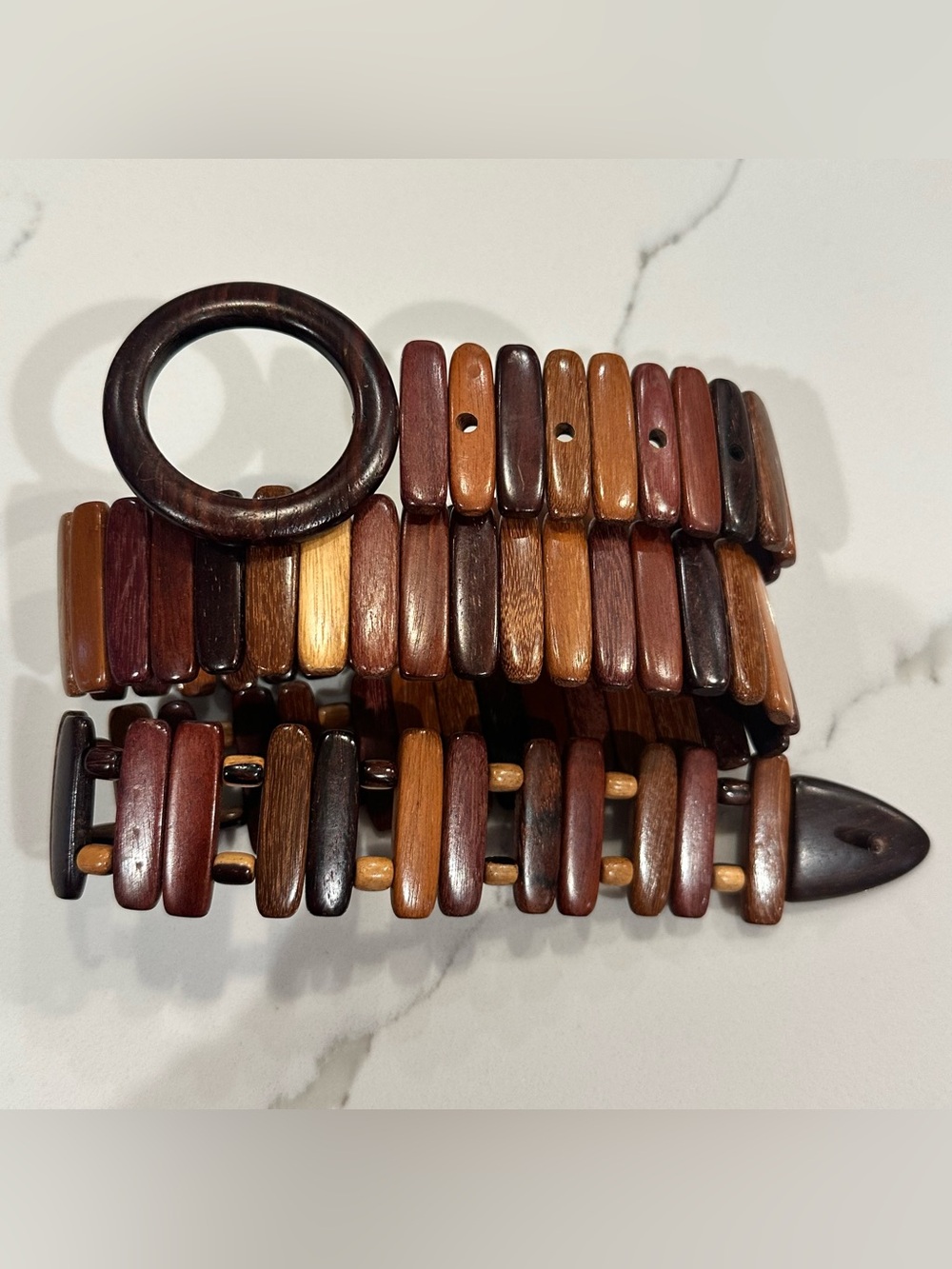 VTG Boho Wood Link Belt Multicolored Panel Beaded Hip O Ring Statement Y2K Retro